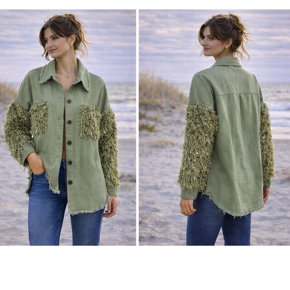 ChicMe Sage Green Sequin Shaggy Fringe Shacket‎ Jacket WMHL1018c Medium